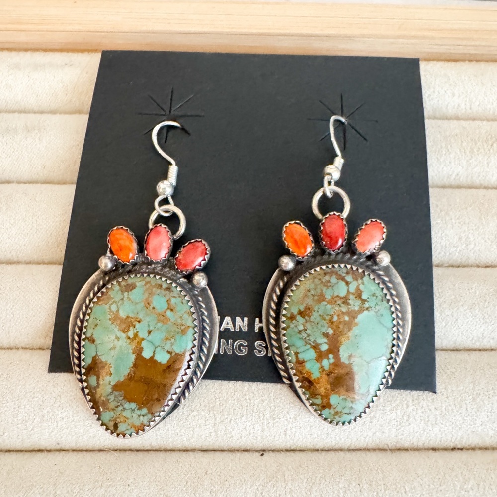 Navajo Sterling Silver Turquoise Cactus Earrings Native American Handmade